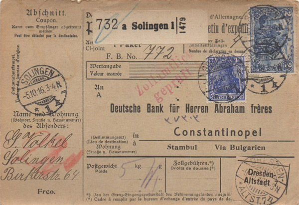 Parcel Card, Völkel, Solingen, 1916