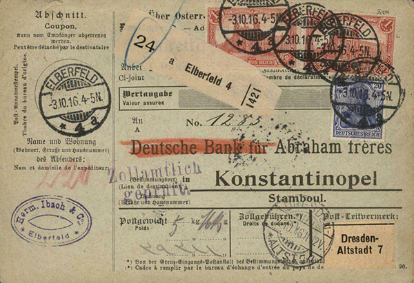 Parcel Card from Ibach, Elberfeld, 1916