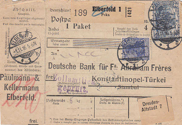 Parcel Card, Paulmann & Kellermann, Elberfeld, Germany. 1916