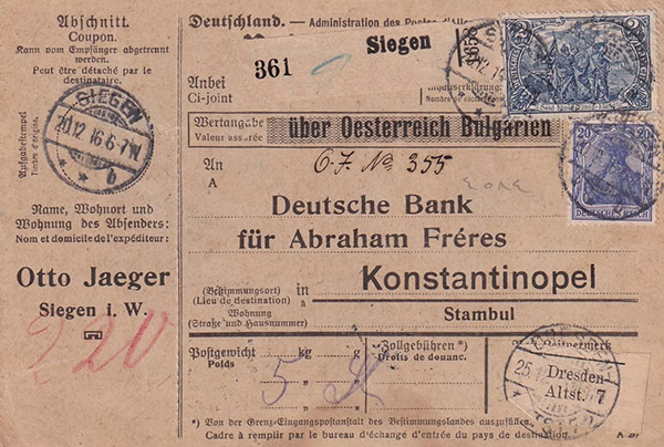 Parcel Card, Otto Jaeger, 1916