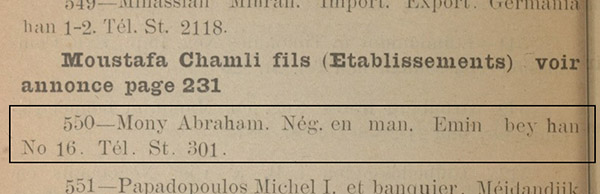 Mony Abraham,1920-1921 listing.