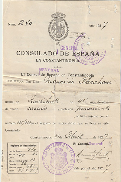 Certificate of Spanish Nationality, 1927