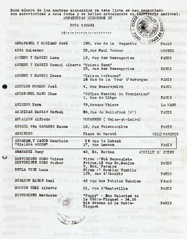 List of Sephardic members belonging to the Spanish Chamber of Commerce in Paris, February 26, 1943
