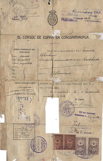 Travel document from the Spanish Consulate in Constantinople, 1922
