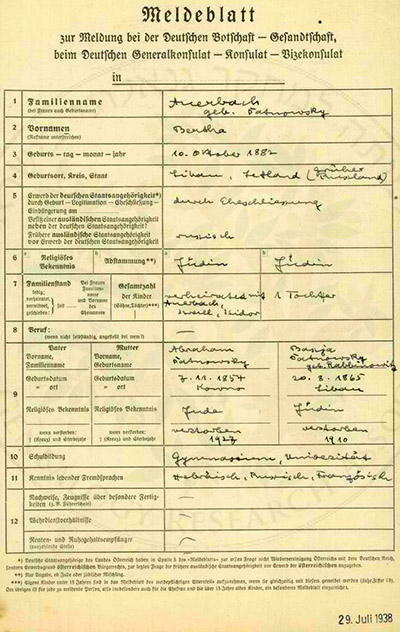 registration form for the German Consulate, 1938.