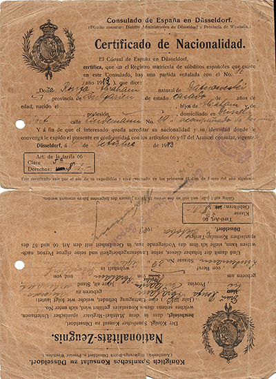 Certificate of nationality from the Spanish Consulate in Dusseldorf, 1923.