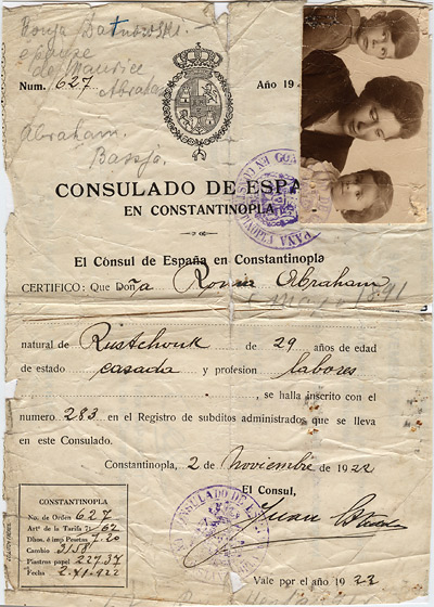 Certificate from the Spanish Consulate in Constantinople, 1922