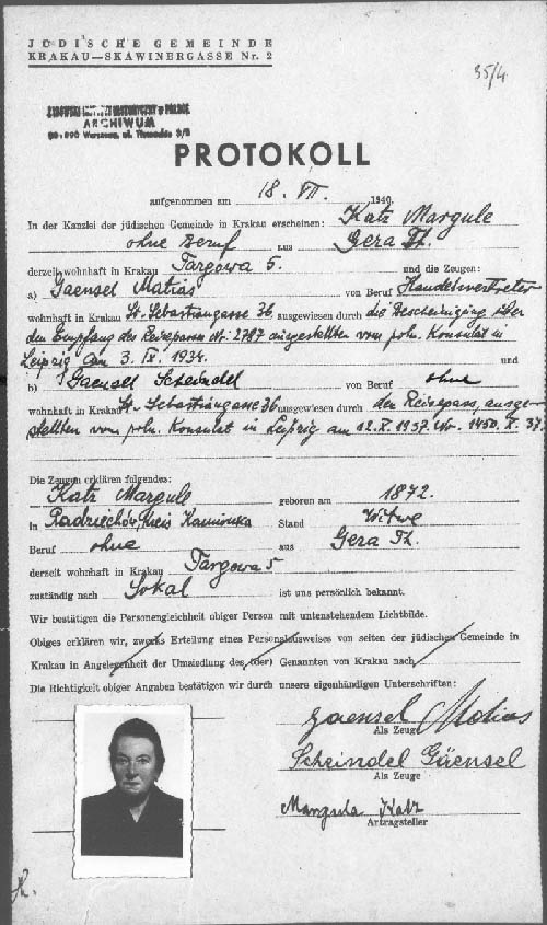 Margule Katz, Jewish community  registration, July 1940.