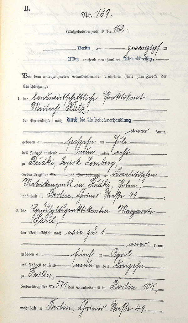 Marriage certificate - Michel Katz and Margarete (Grete) Saul.