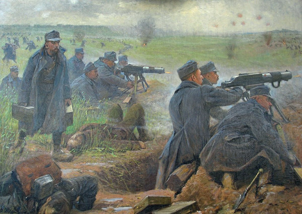 Karl Friedrich Gsur, painting of machine gun battle in Sokal, July 20, 1915.