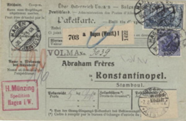 Parcel Card, H Münzing, Hagen. 1917